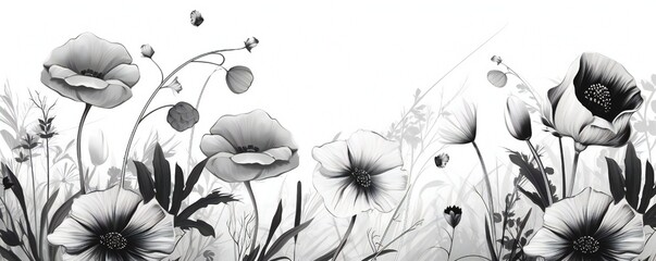 Floral botanical background with hand drawn elements of black and white realism and monochromatic sketches Generative AI