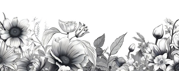 Floral botanical background with hand drawn elements of black and white realism and monochromatic sketches Generative AI