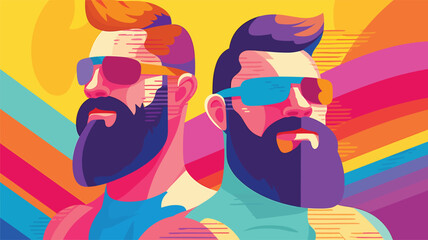 Two muscled men with beards and sunglasses isolated on a colorful background, lgbt rainbow colors