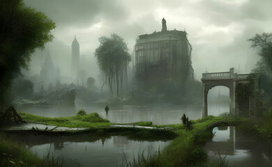 Fototapeta na wymiar Abandoned city flooded and overgrown with trees and plants, apocalyptic fantasy concept art. generative ai illustration. generative ai