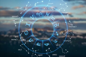 Zodiac signs big horoscope circle on landscape