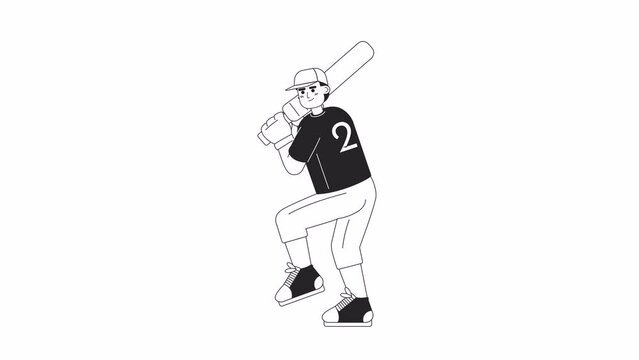 Animated bw baseball player bat. Young caucasian male batter in batting stance isolated 2D animation. Cartoon monochrome thin line character 4K video footage, alpha channel transparency for web design