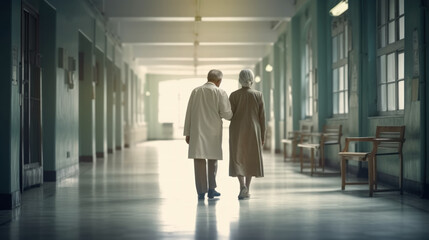 Back view of doctor and elder woman walking in the hospital corridor. Generative Ai