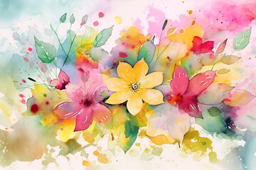 Watercolor splendid spring and summer wildflower composition. Spring and summer background. Generative AI