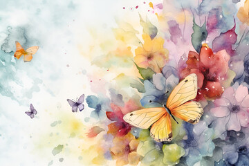 Watercolor butterflies and summer wildflowers. Spring and summer background. Generative AI