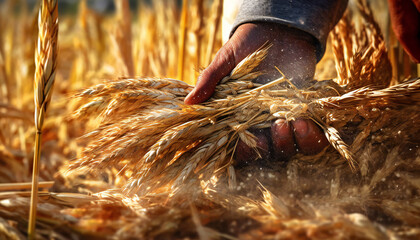 Artistic recreation of hand of worker man taking wheat spikes at sunset. Illustration AI