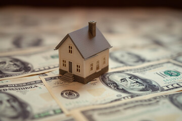 Miniature model house standing on a heap of dollar bill