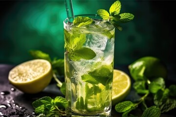 Fototapeta premium Summer refreshing mojito cocktail in tall glass. AI Generative