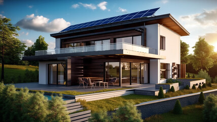 House with solar panels on the roof, sustainability, green technology