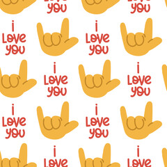 A pattern from the American sign language with the inscription I love you. Yellow rounded cartoon hands, show the sign. Trendy print for fabric, paper, wallpaper for smartphones. Symmetry