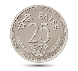 Indian twenty-five paise coin on a white background. Vector illustration.