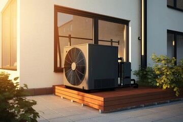 Wärmepumpe am Haus. Elektrische Heizung von außen. Heizen mit Erdwärme oder Luft zu Luft Pumpen. Generative KI