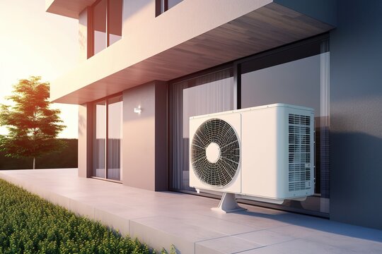 W&auml;rmepumpe am Haus. Elektrische Heizung von au&szlig;en. Heizen mit Erdw&auml;rme oder Luft zu Luft Pumpen. Generative KI