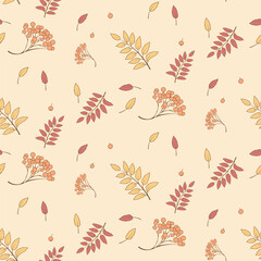 Seamless Autumn Pattern with Rowan Leaves and Berries
