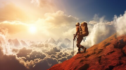 A male hiker stands on the peak of a cliff high in the mountains and looks out at the sunset. Generative Ai.