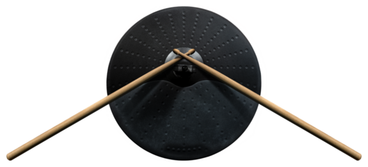 Black cymbal of an electronic drum kit and a pair of wooden drumsticks, isolated on white or transparent background. Percussion instrument concept. Png.