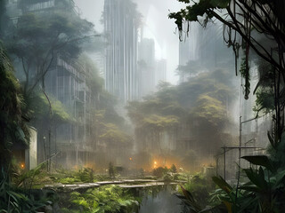 Abandoned modern city overgrown with trees and plants, apocalyptic fantasy concept art. generative ai illustration. generative ai