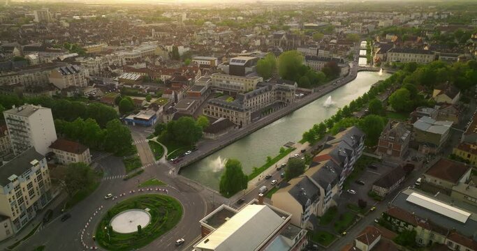 France, Troyes, Champagne Region. Aerial drone shot of the ancient and beautiful French city with beautiful architecture. Very old houses filmed from a drone. Roofs of houses in the French city