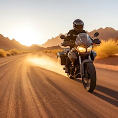 a motorcycle driving in the desert, early morning lighting