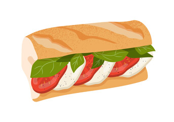 Sandwich with vegetables and meat concept. Hot dog with salad, tomato slices and cheese. Junk but tasty food. Poster or banner. Cartoon flat vector illustration isolated on white background