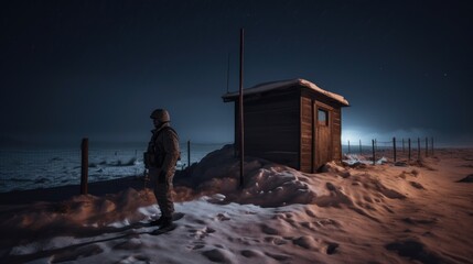 A solitary soldier standing guard at a border post during a frosty winter night