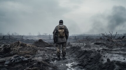 A soldier, donned in full combat gear, standing in the middle of a war-torn landscape