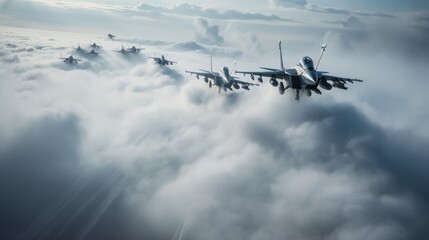 A squadron of fighter jets darting through a cloudy sky, leaving trails of white smoke against the vibrant blue canvas