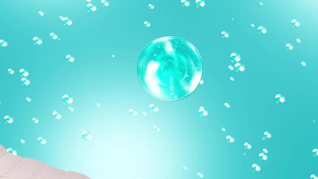 Several bubbles containing different essences combined into a compound and fall directly onto the epidermis on blue background. 3d scene for advertising cosmetic skincare and body care.