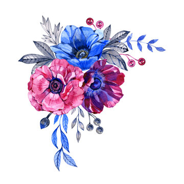 Pink Violet Blue Watercolor Floral Anemone Bouquet. Isolated illustration on a white background.