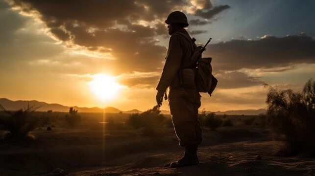 A soldier in full combat gear, standing firm and resolute in the heart of a war zone