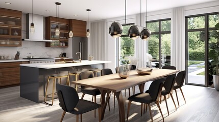 Interior design of a modern kitchen. Modern Kitchen With Black Countertops State. Generative Ai.