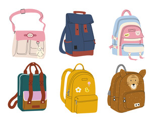 School backpacks and bags set. Education and training. Items for schoolboys and schoolgirls, students. School, college and university. Cartoon flat vector collection isolated on white background