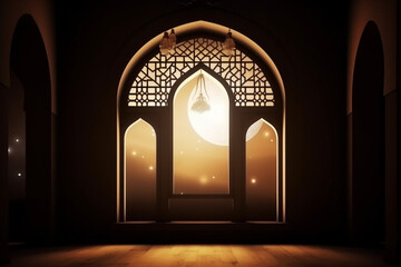 Moon light shine through the window into islamic mosque interior, Ramadan Kareem islamic background