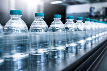 Motion blurred fast moving water bottles at Mineral water Factory production line at finishing line in a row moving queuing for labelling packing