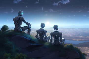 A group of artificial intelligence sitting on the hillside looking up at the beautiful galaxy.