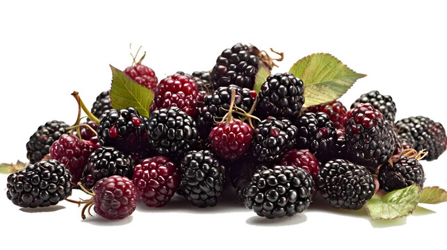 Fresh, ripe and juicy blackberries on a white background, pristine look. 
Generative AI, Generative, AI