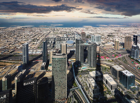 Dubai, UAE, January 12 2023: Dubai city center at sunset - amazing city skyline with luxury skyscrapers at sunrise, United Arab Emirates