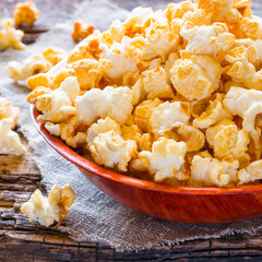 Plate with sweet popcorn on a napkin closeup