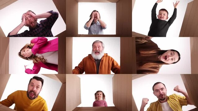 Collage. Different people, men, women and children opening cardboard box, unpacking, looking inside with diversity of emotions. Super excited and happy. Concept of human emotions, delivery, presents