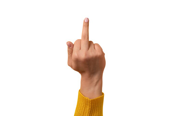 Middle finger, offensive gesture. Fuck you concept isolated on transparent background