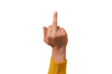 Middle finger, offensive gesture. Fuck you concept isolated on transparent background