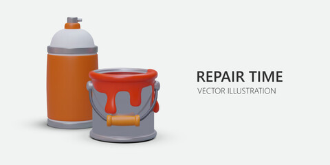 Realistic 3d spray paint and bucket. Repair time and painting tools concept. Promo poster with goods for hardware store. Vector illustration in cartoon style