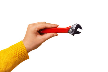red wrench in female hand isolated on transparent background, master with the tool