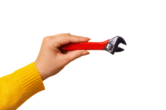 red wrench in female hand isolated on transparent background, master with the tool
