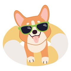 Happy Corgi with sunglasses and floating ring, air mattress for summer