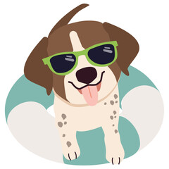 Happy German Shorthaired Pointer dog with sunglasses and floating ring, air mattress for summer
