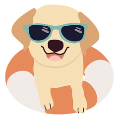 Happy Labrador retriever dog with sunglasses and floating ring, air mattress for summer