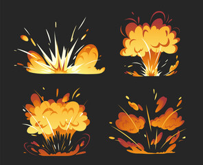 Bomb and weapon explosions set. Destruction and demolition. War and conflict, aggression. Dynamite and fire, flame. Cartoon flat vector collection isolated on black background