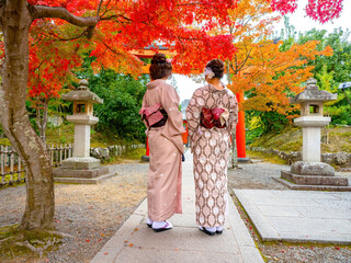 Culture of Japan. Residents of city of Kyoto. Geishas women with backs to camera. Autumn in Japan....