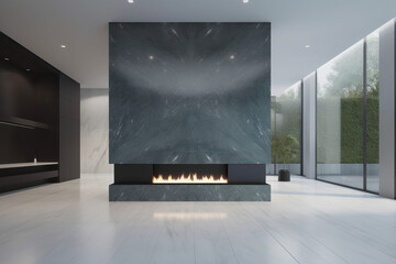  Minimalistic looking apartment with large marble fireplace